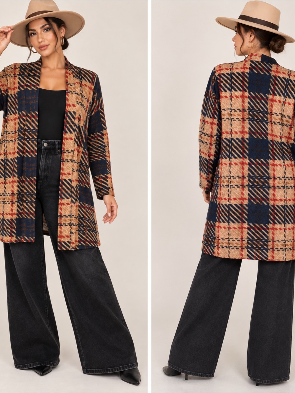 Lush Plaid Open-Front Pea Coat in Navy, Camel & Red